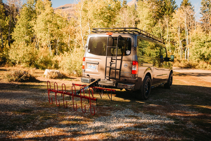 empty six bike hitch rack on van 